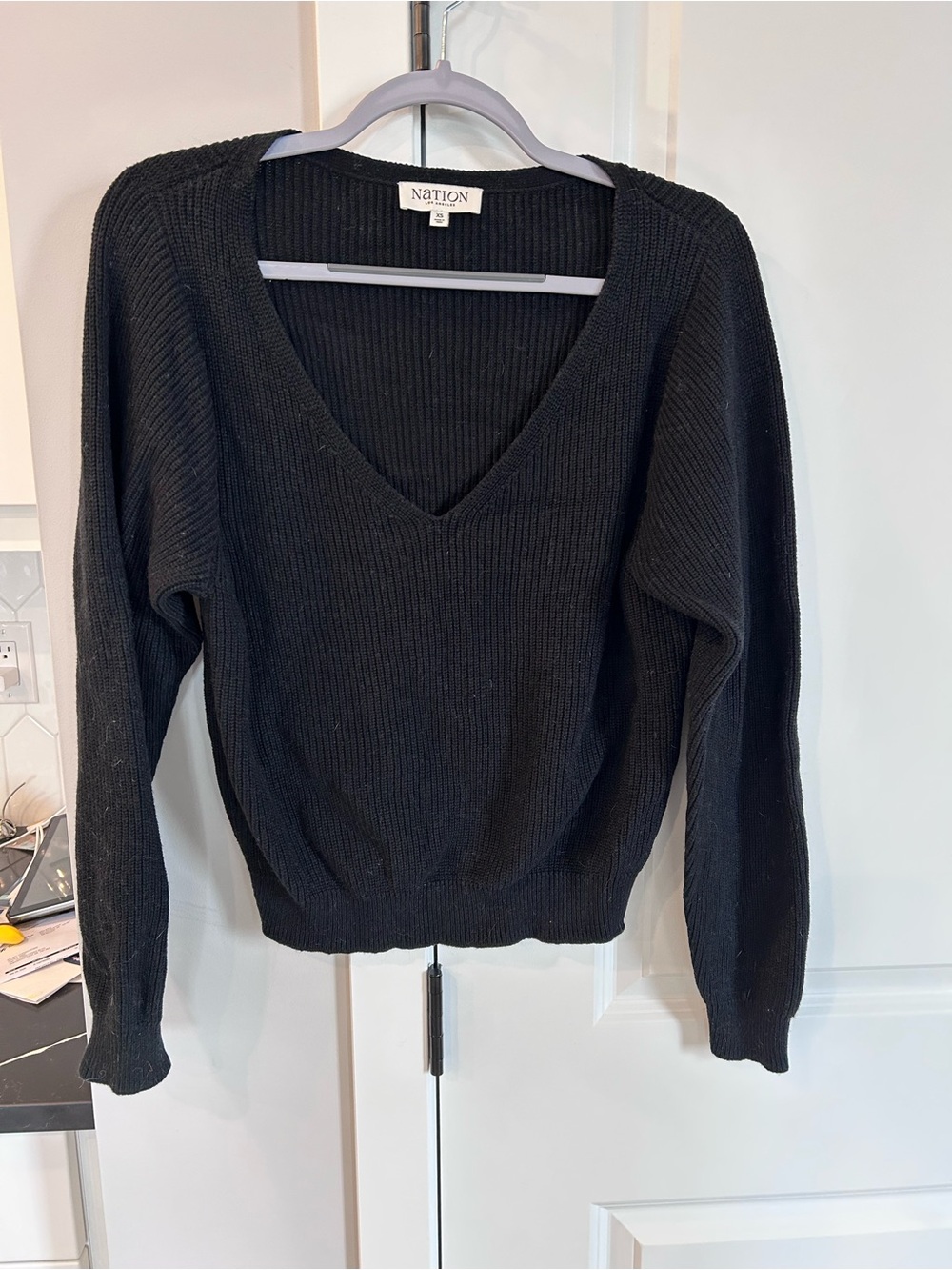 Nation Los Angeles Alpaca Cotton Blend V-Neck Black Sweater Minimalist Luxury